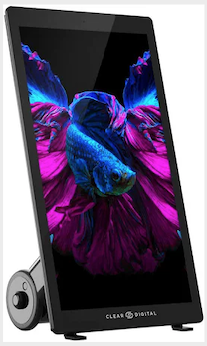 A digital digital display screen with a colorful abstract design featuring blue and purple hues, accompanied by a small speaker at the bottom left.