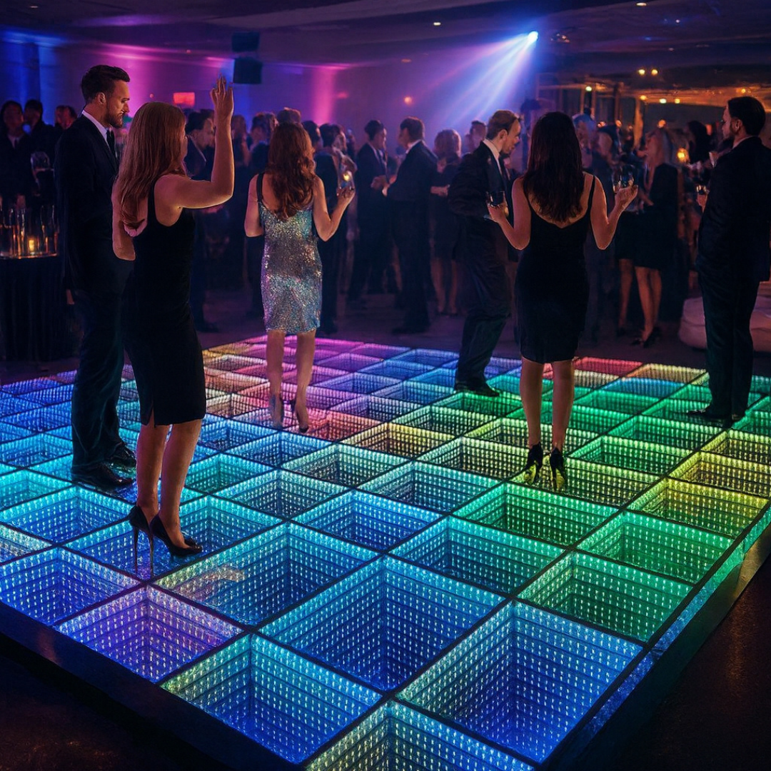 Classy guests dancing on multicolored LED dance floor at upscale party venue.