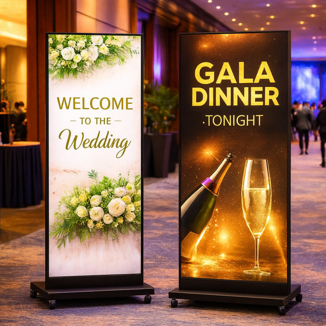 Two vertical digital signage displays with colorful wedding and gala artwork against a conference background.