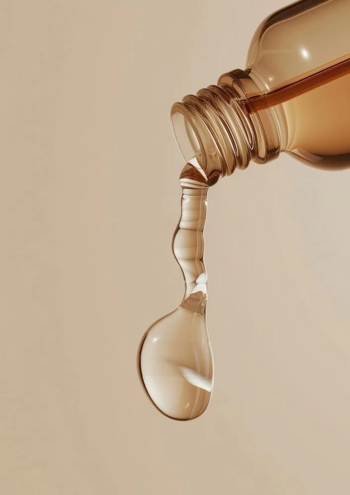 A close-up of a brown plastic bottle pouring a clear liquid, with the liquid forming a drop as it falls from the bottle.