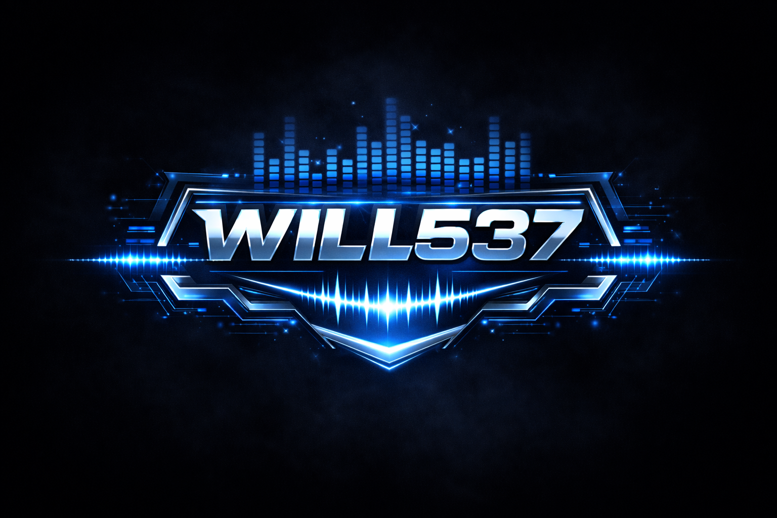 Digital graphic with the username 'WILL537' in bold metallic font, surrounded by glowing blue soundwave patterns and digital equalizer bars on a black background.