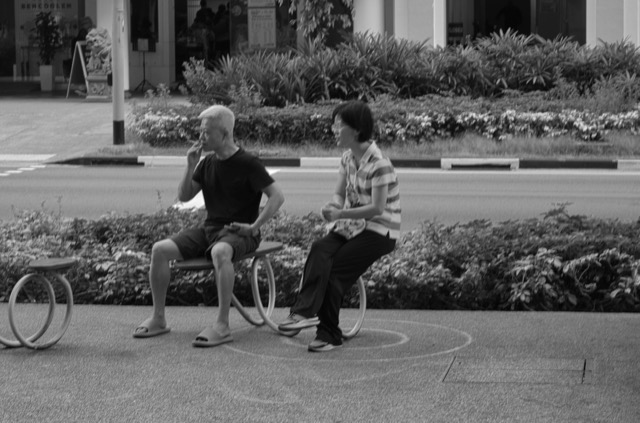 Two people sitting on benches near a street, engaging in a conversation.