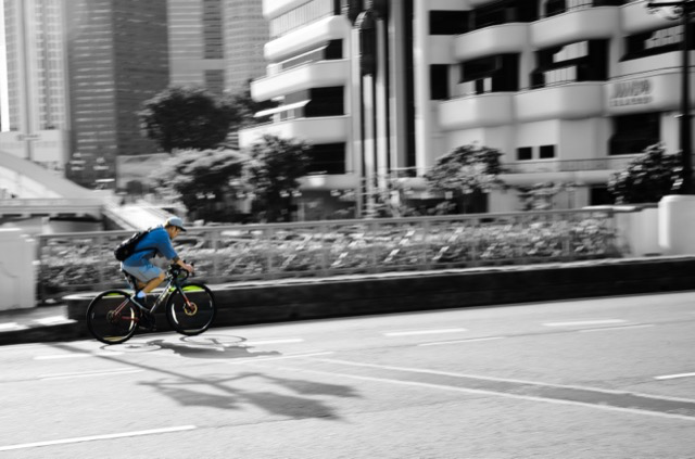 A person riding a bicycle on a city street with tall buildings and trees in the background.