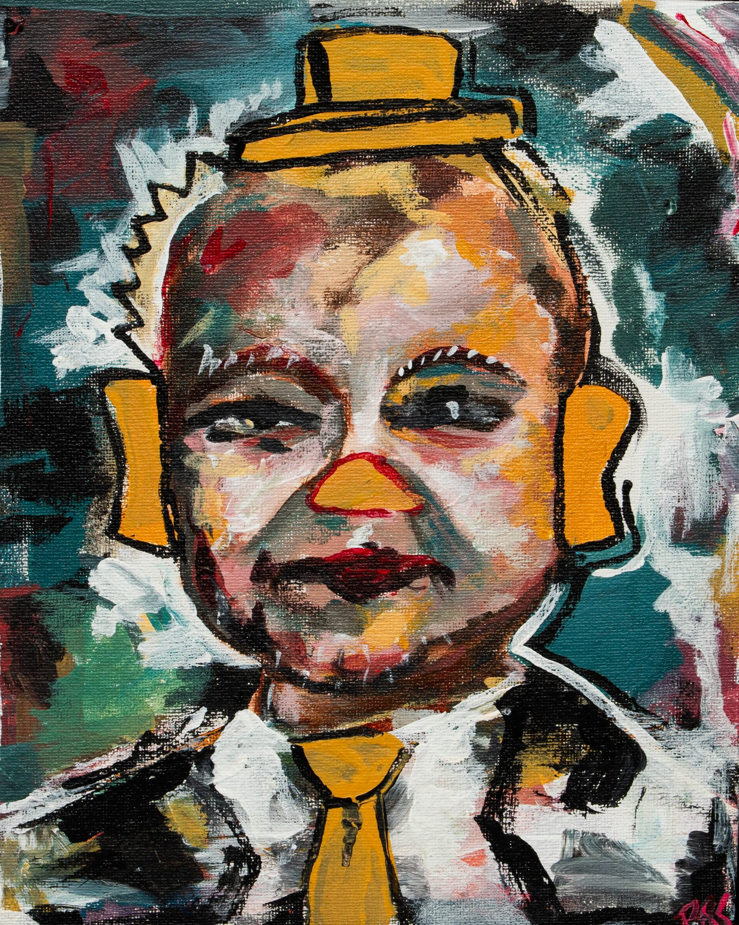 Abstract painting of a person with a yellow hat, yellow lips, and a yellow tie, with expressive brushstrokes and a colorful background.