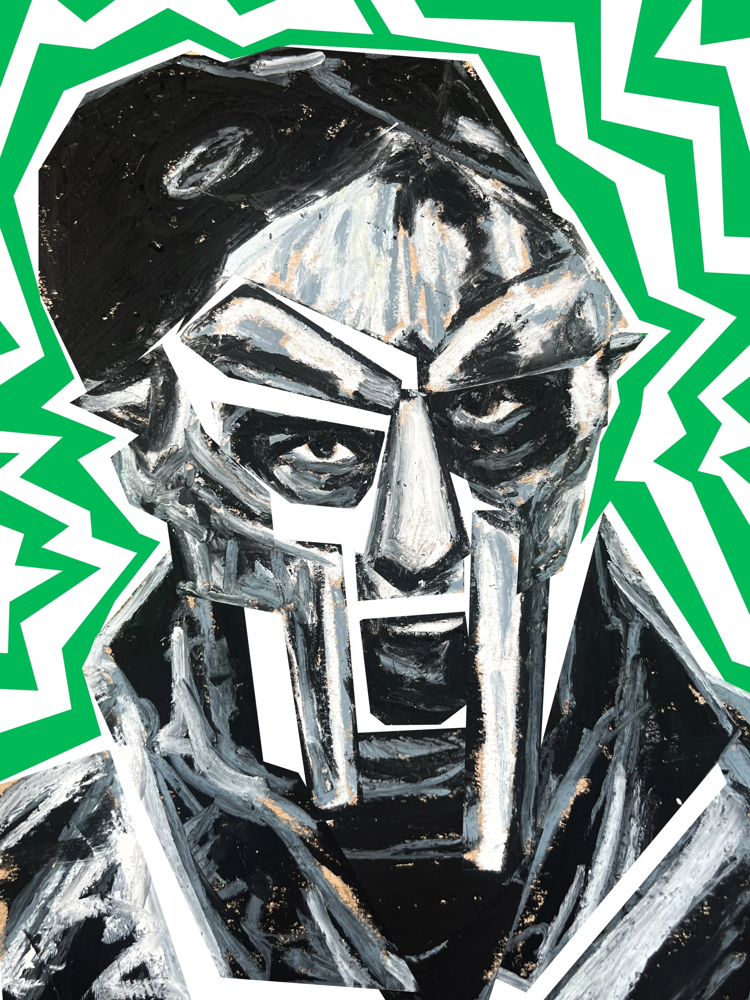Abstract black, white, and gray portrait of a person with glasses and stern expression, surrounded by jagged green lines.