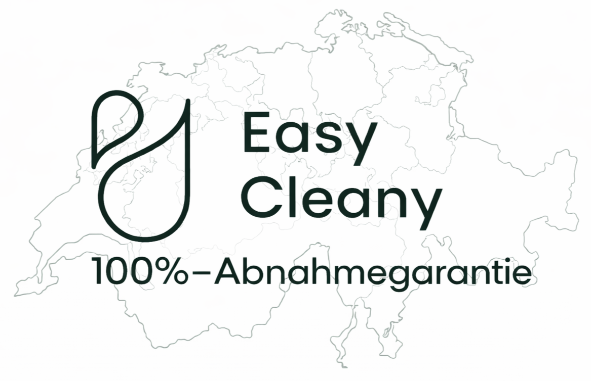 Eine stilisierte Linienzeichnung der Landkarte Deutschlands im Hintergrund. Im Vordergrund ein Logo mit einer sauberen Wasser-Tropfenform, darunter der Text „Easy Cleany“ und „100%-Abnahmagarantie“.