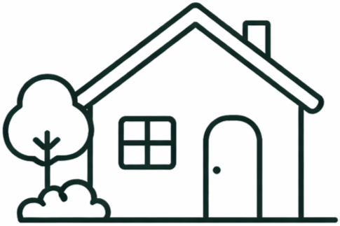 Ein einfaches, symbolisches Haus mit Tür, Fenster, Schornstein, Baum und Busch davor.