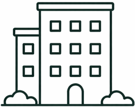 Skizzierte Darstellung eines mehrstöckigen Gebäudes mit Bäumen.