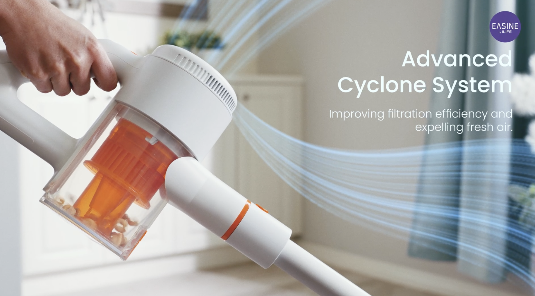 A person uses an advanced cyclone system vacuum cleaner to improve filtration efficiency and expel fresh air, with blue and white air streams coming from the vacuum nozzle. High quality TV commercial production. VFX post production technology
