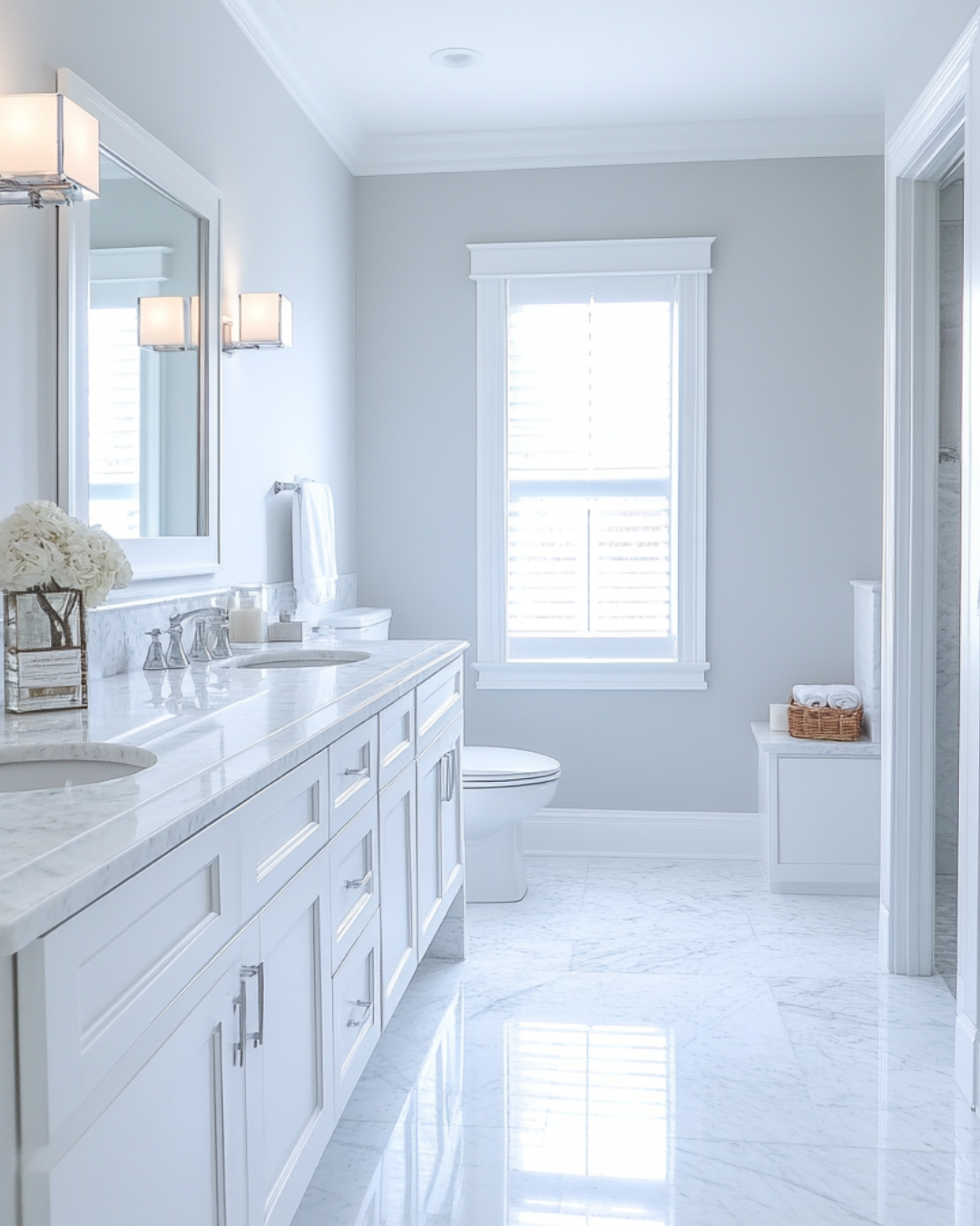 Bright white bathroom with large mirror, marble countertop, double sinks, and white cabinets. Toilet next to a window with blinds, wicker basket with rolled towels on a small white cabinet.
