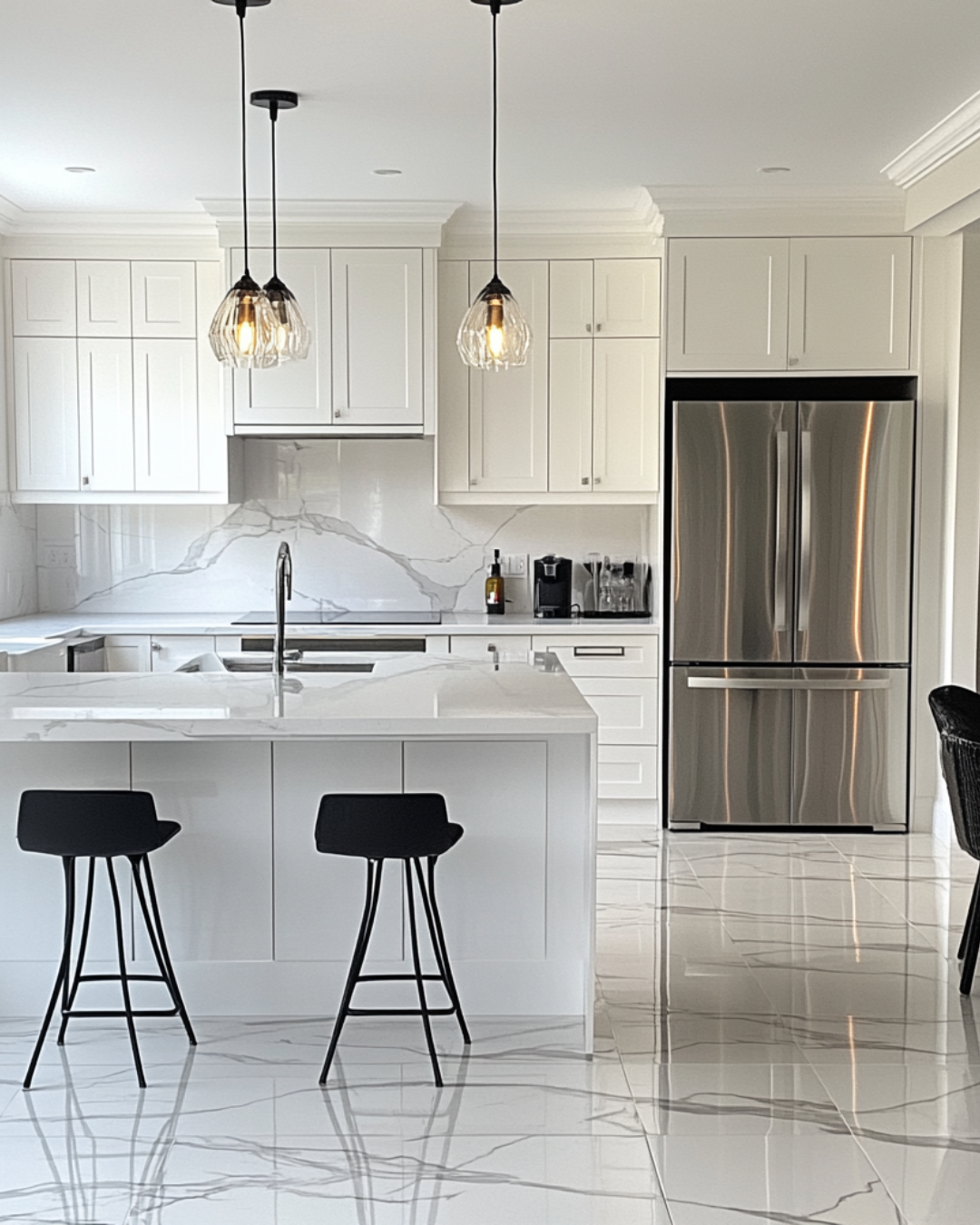 Modern kitchen with white cabinets, marble countertops, stainless steel refrigerator, black bar stools, and pendant lighting