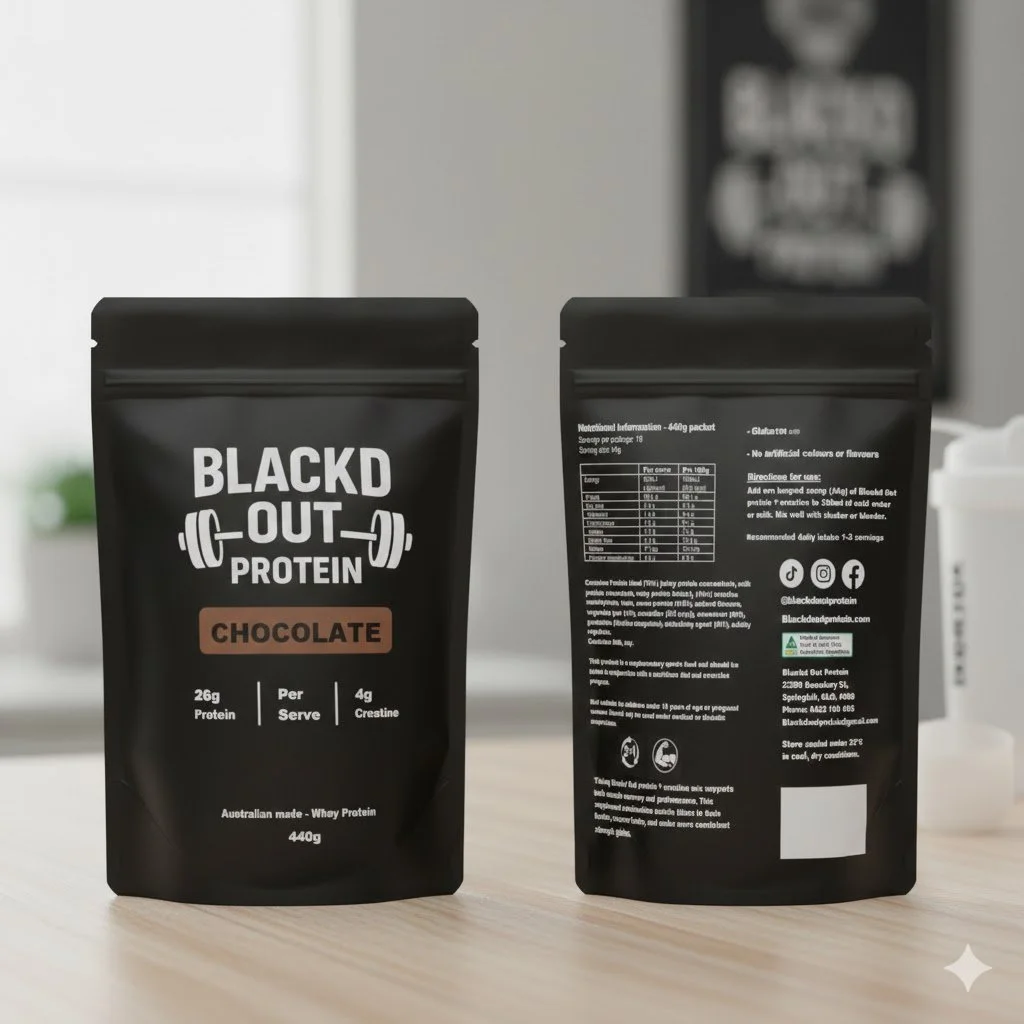 Front and back of a black resealable package labeled "BLACKD OUT PROTEIN CHOCOLATE" with weight 440g, containing Australian whey protein, with nutritional information and branding details on the back.