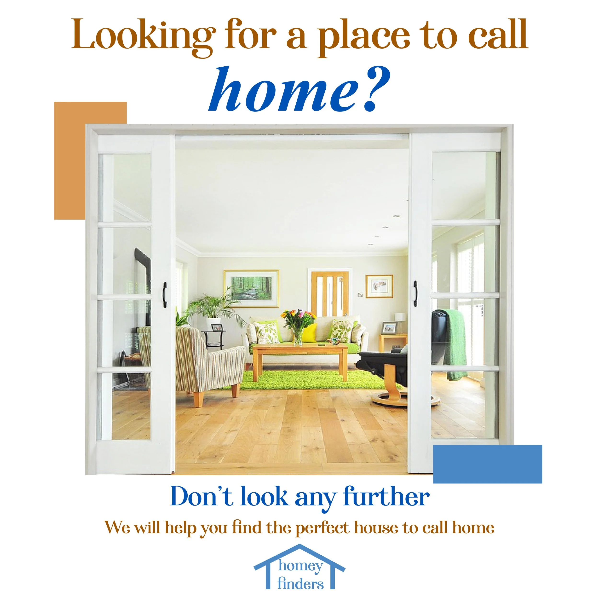 Living room viewed through a sliding glass door with wooden flooring, green rug, beige sofa, striped armchair, coffee table with flowers, and framed artwork on the walls.
