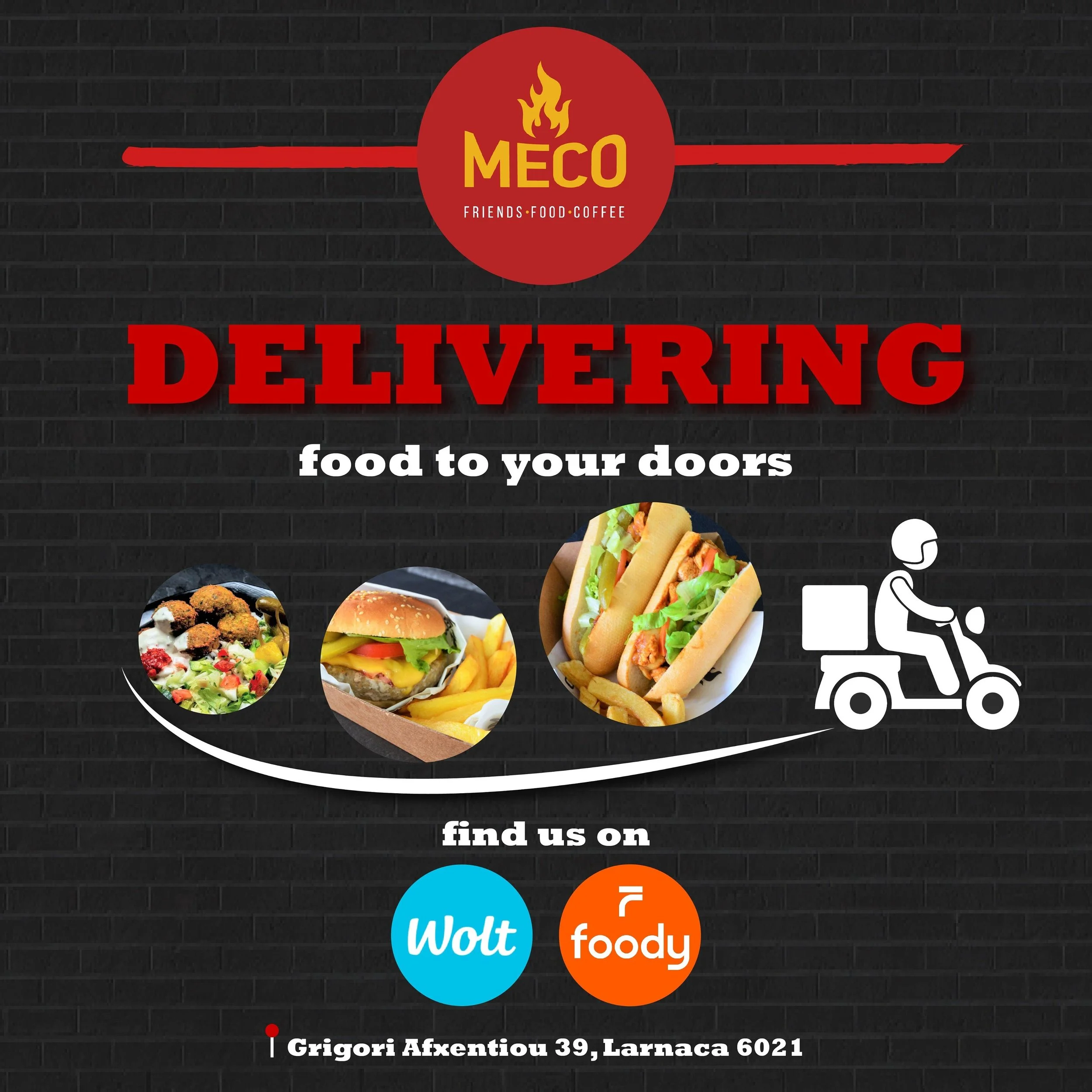 A promotional poster for MECO food delivery service featuring images of falafel, a burger with fries, and a sandwich with fries, along with logos for Wolt and Foody. The poster has a dark brick background with red, white, and yellow text and icons.