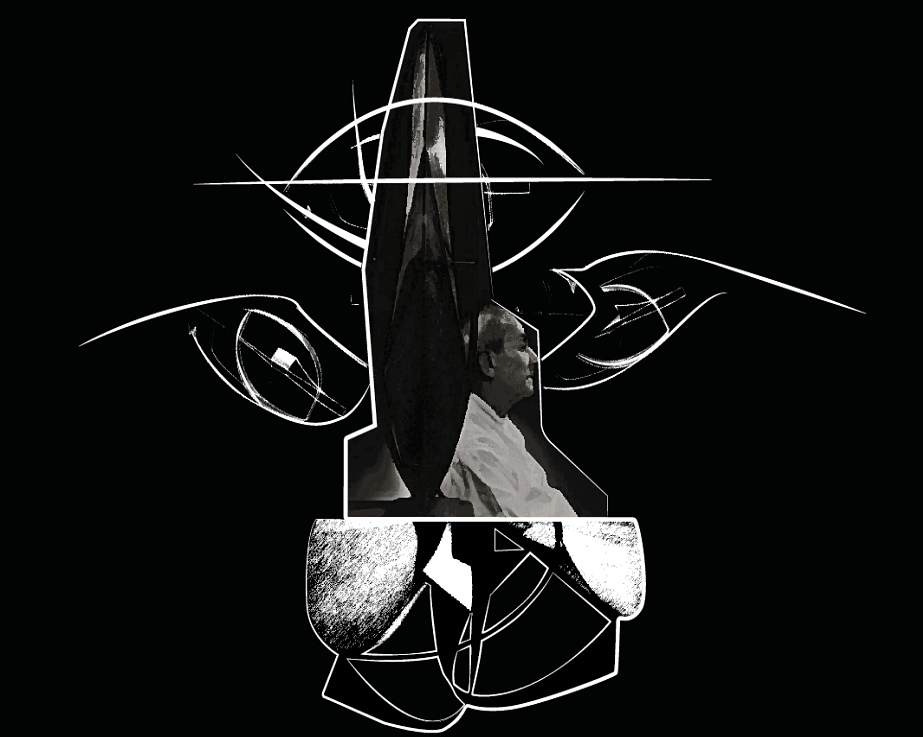A person in a white shirt is sitting with their eyes closed. The image includes artistic line drawings and geometric shapes overlaying the scene, with a black background.
