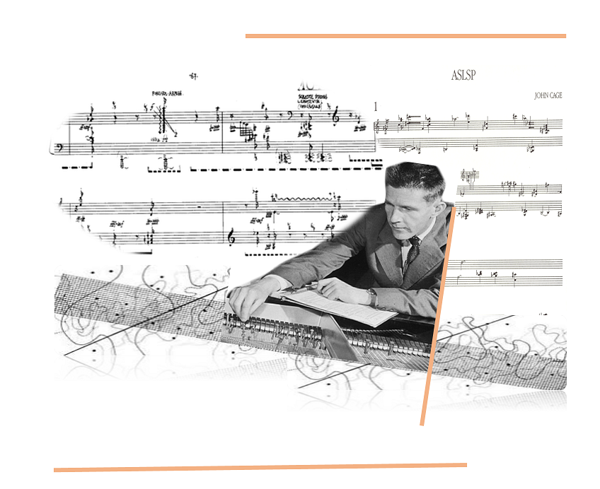 Black and white collage of a man in a suit playing a grand piano, with musical notation and decorative swirls in the background, and the text "ASLSP" and "John Cage" in the top right corner.