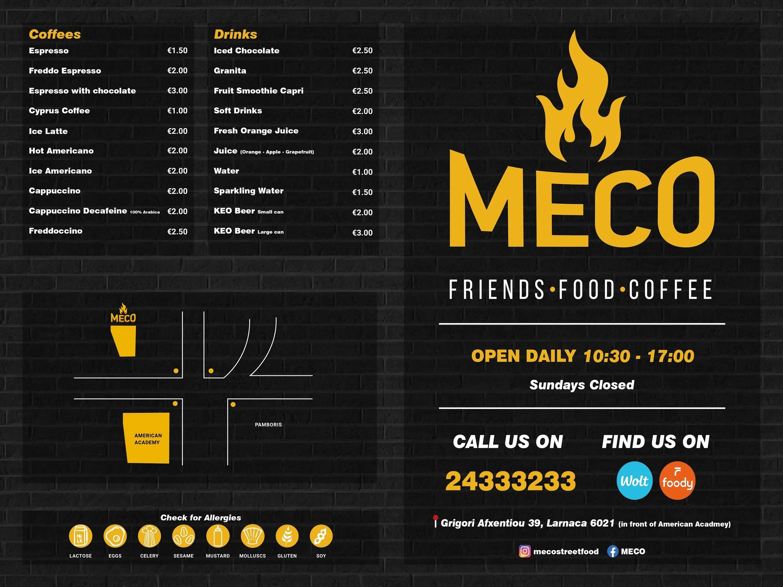 Menu board for MECO food and coffee shop, listing various coffee and drink options with prices, a map showing location near American Academy, and contact information.
