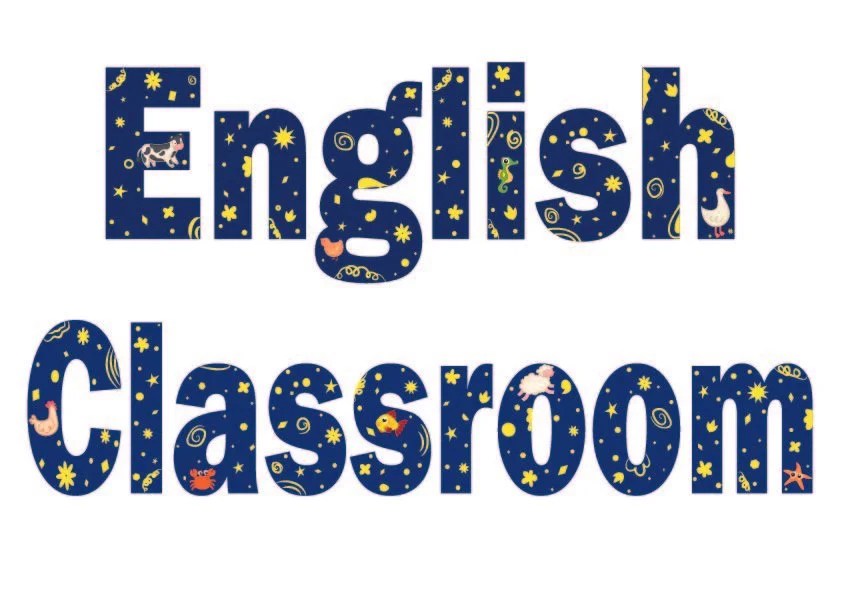 Illustrated text reading 'English Classroom' with a navy blue background, yellow stars, and aquatic-themed animals and objects.