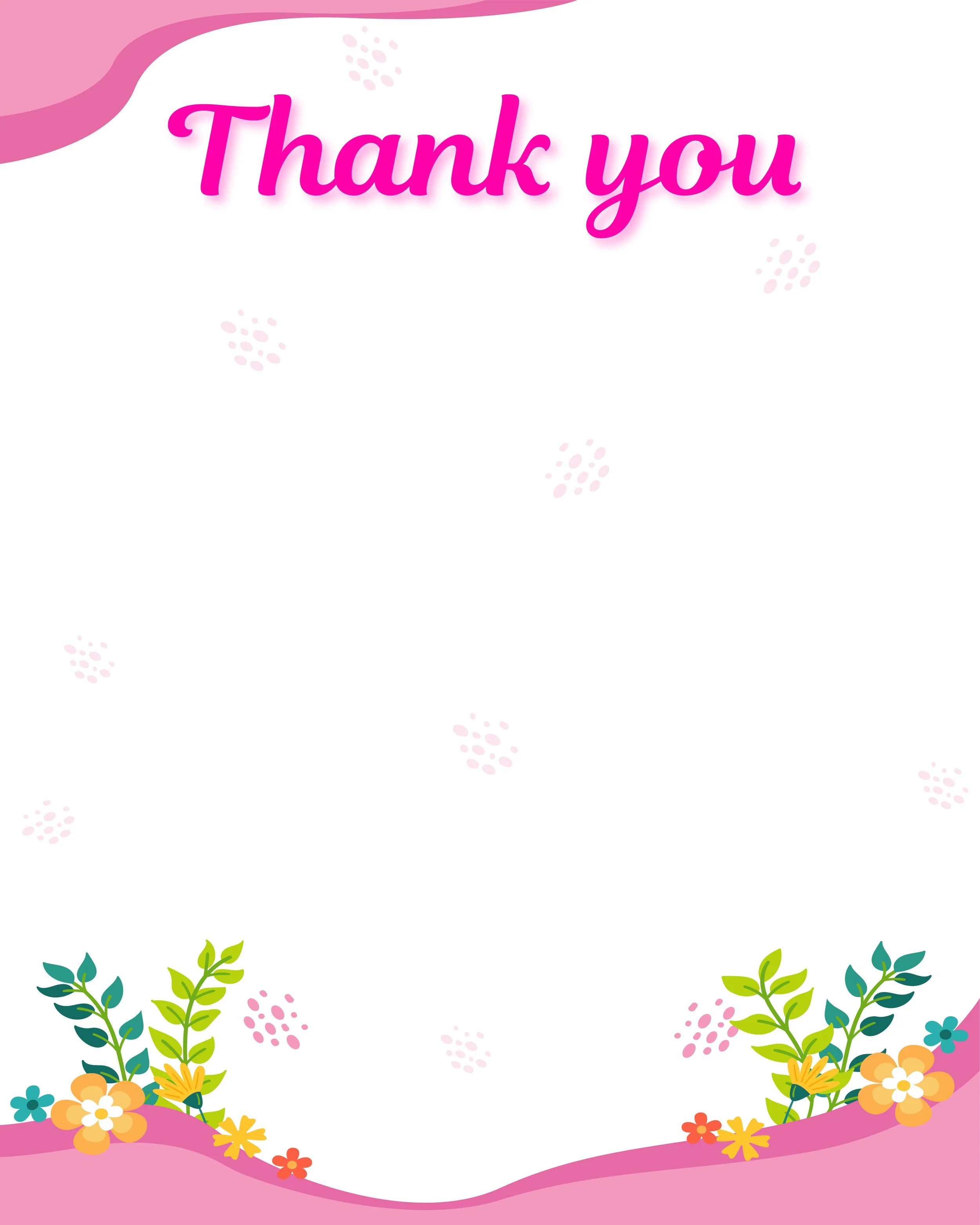 A thank you card with pink and purple floral border, pink text saying 'Thank you' at the top, and a blank space in the center for writing.