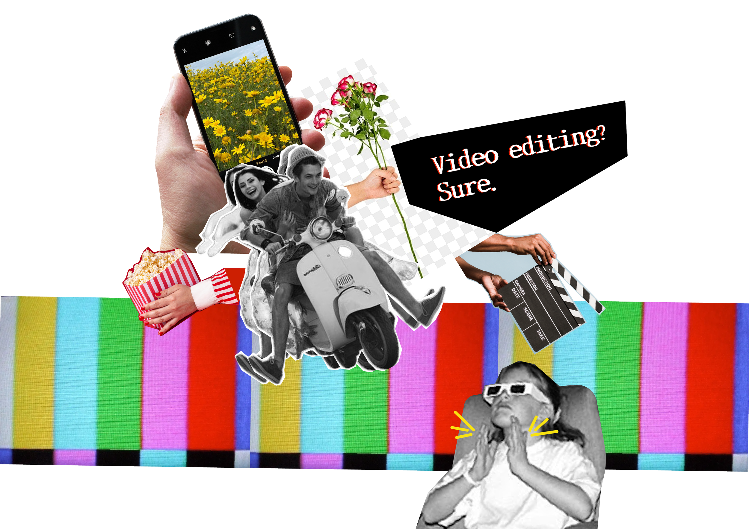 A collage of various elements including a hand holding a smartphone with a field of yellow flowers, a black and white photo of a woman with 3D glasses, a man and woman on a scooter, a person holding popcorn, a film clapperboard, a person holding a clapperboard, a speech bubble with the words 'Video editing? Sure.', and a colorful test pattern background.