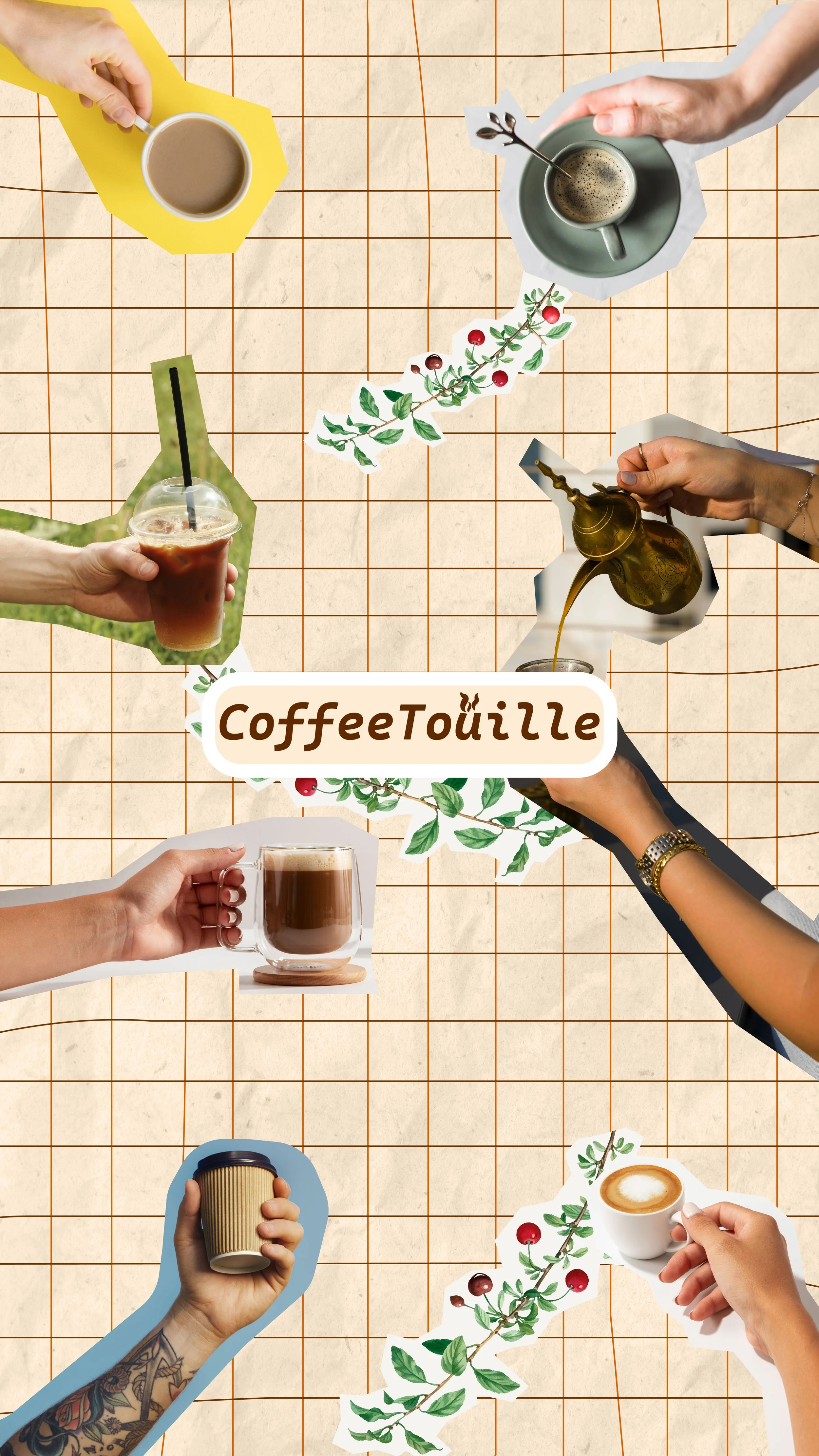A collage of seven different coffee drinks and a coffee plant, with the text "CoffeeTouzzle" in the center.