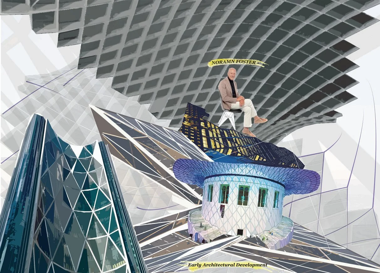 A man sitting on a chair labeled 'NorAMM Foster' with modern, futuristic skyscrapers and architectural structures around him, labeled 'Early Architectural Development'.