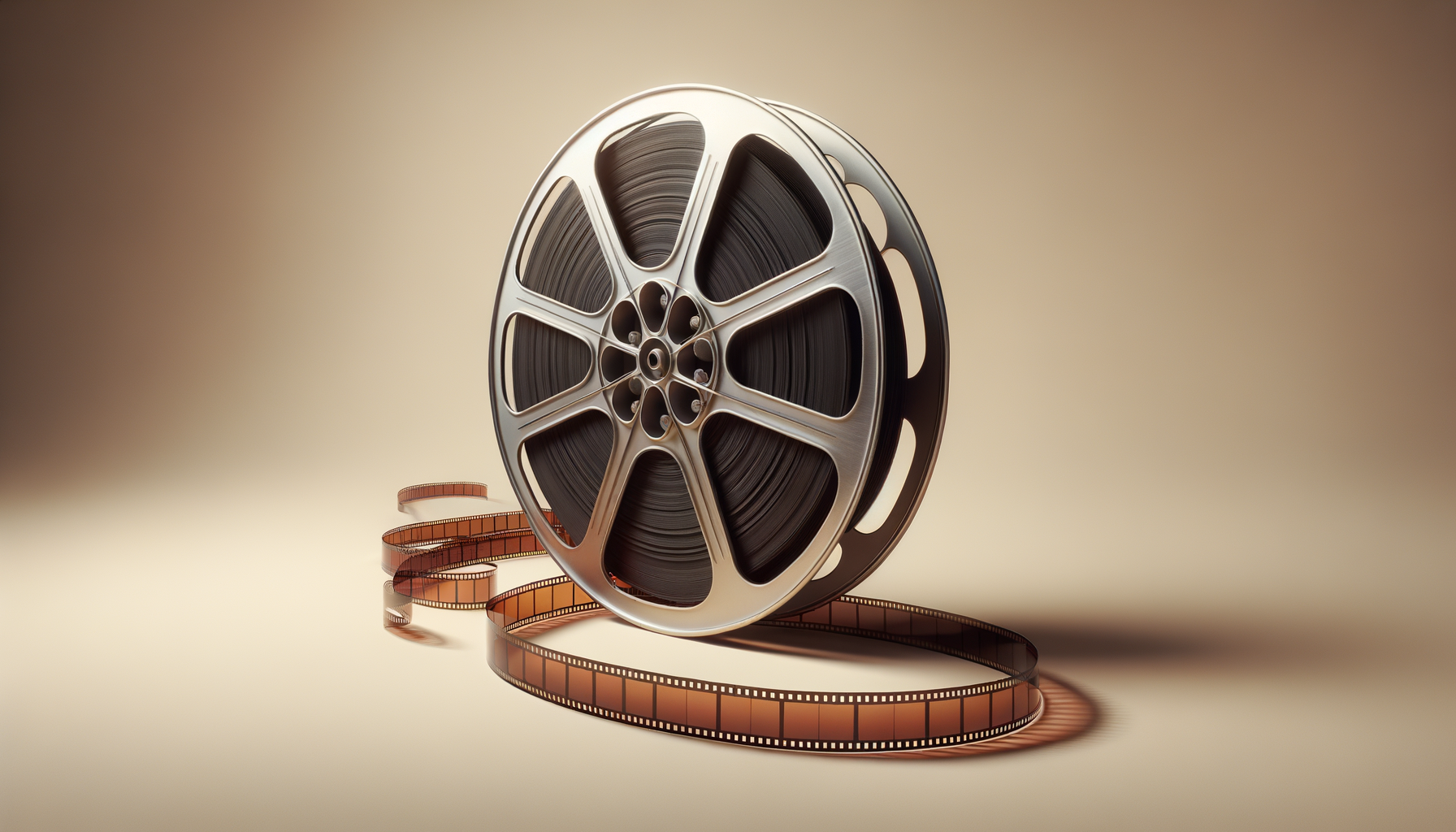 A film reel with a strip of film coiled around it, set against a beige background.