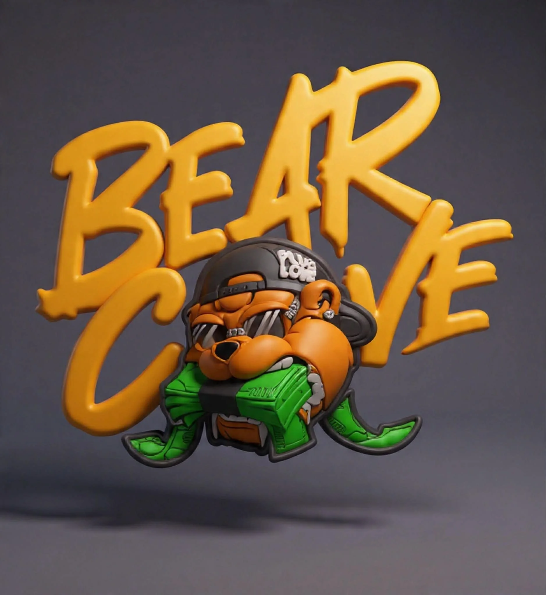 Colorful pin featuring a cartoon dog with sunglasses, a cap, and a green chain, with the words 'BEAR' and 'LOVE' behind it.