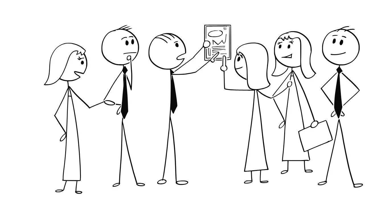 illustrasjon av 6 workshopdeltarere som har en workshop