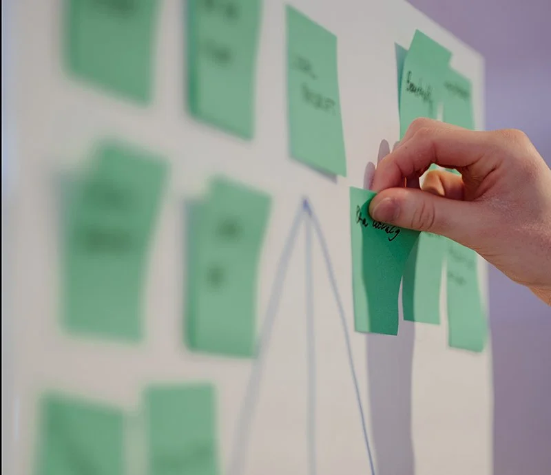 hånd og grønne post it-lapper på en vegg med sailboat-øvelse