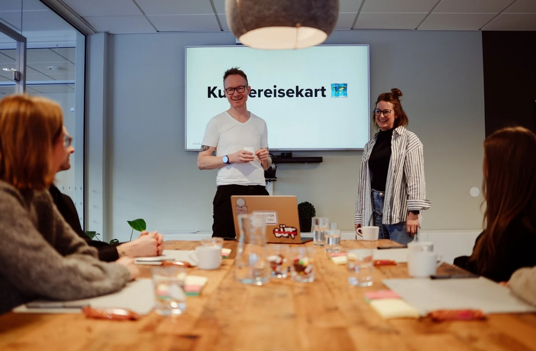 to fasilitatorer foran en skjerm under en design thinking workshop