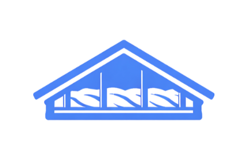 Neon blue outline of a house with a gabled roof and windows