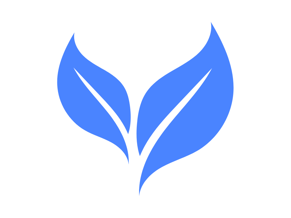 Blue logo with two stylized leaves forming a heart shape on a white background.