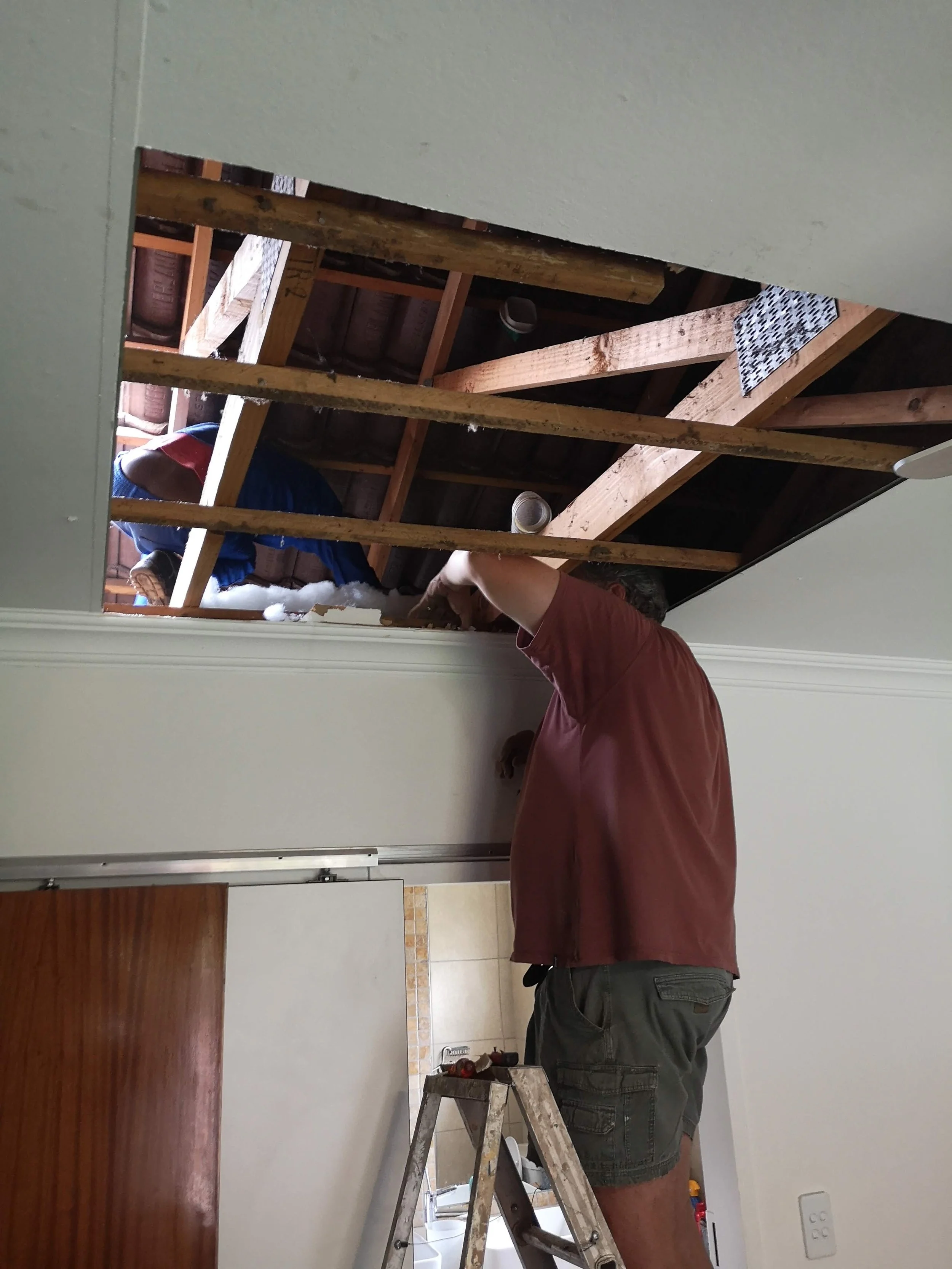 A person working on remodeling a ceiling, standing on a ladder, with exposed wooden beams and insulation visible through an opening in the ceiling.
