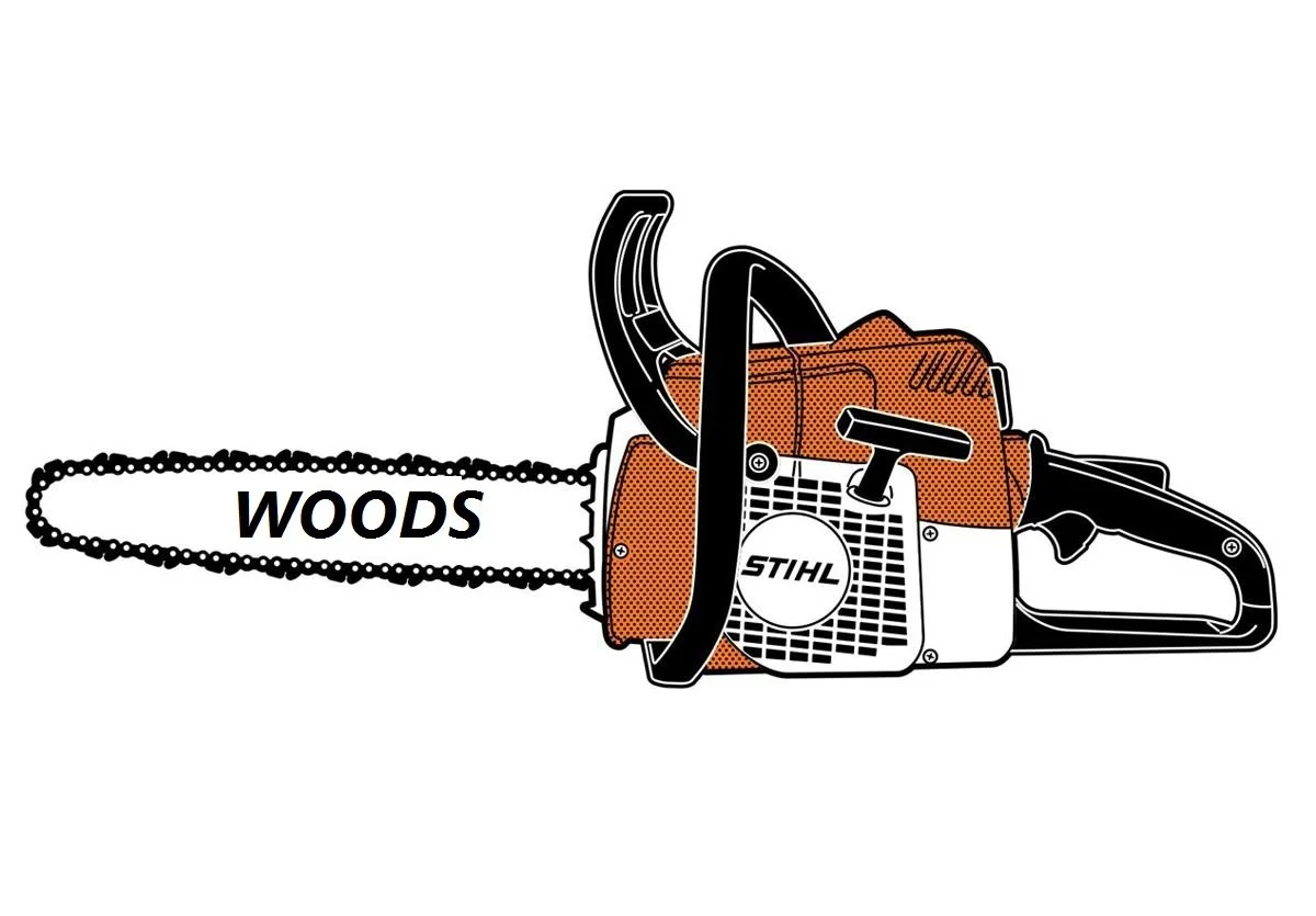 Illustration of a chainsaw with the word "WOODS" on the chain.