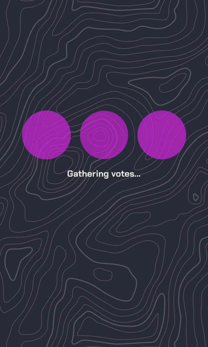 A dark background with white contour lines and three purple circles, with the text 'Gathering votes...'}