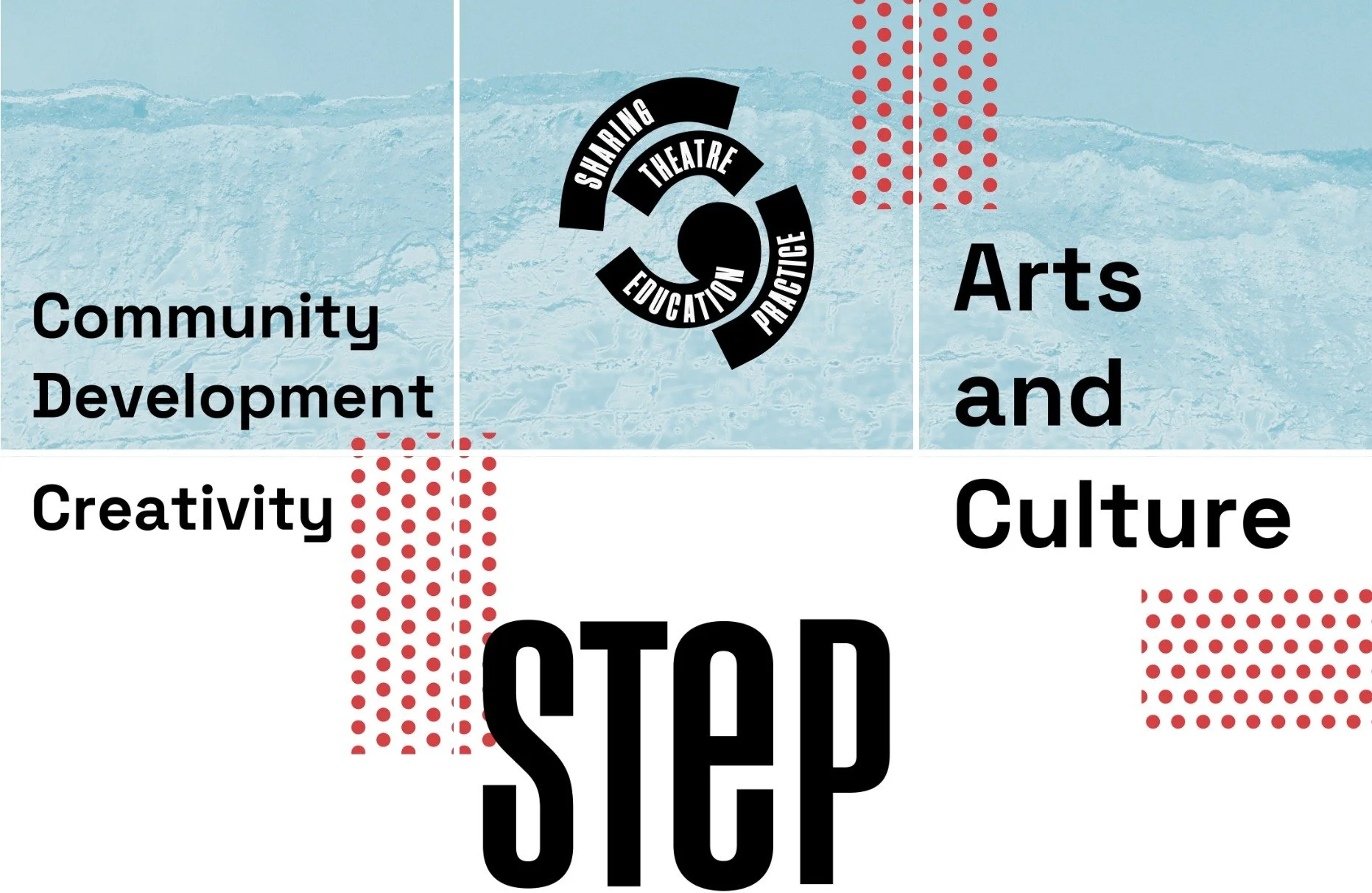 Graphic design with a light blue background and bold black text reading "STOP." Surrounding words include "Community Development," "Creativity," "Arts and Culture," and a circular logo with the words "Sharing," "Theatre," "Education," and "Practice." Red dotted patterns embellish the design.
