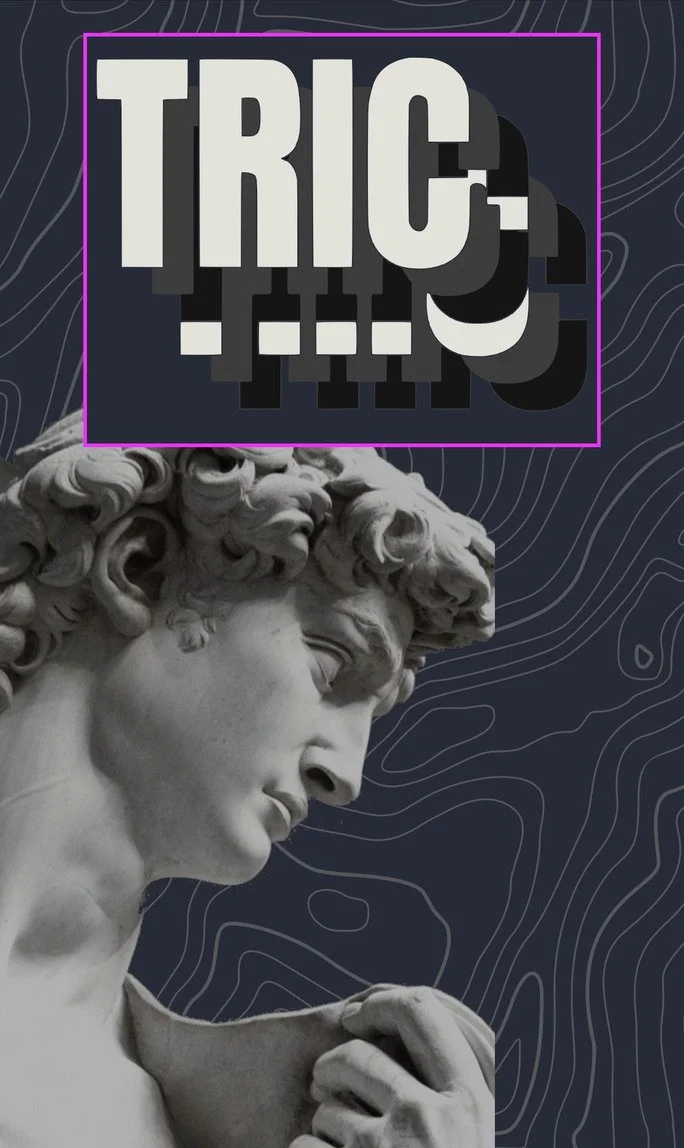 A close-up of a classical marble sculpture of a male figure with curly hair, looking downward, against a dark background with contour lines. A pink-bordered box with the word "TRICK" in bold, stylized letters overlays the top part of the image.