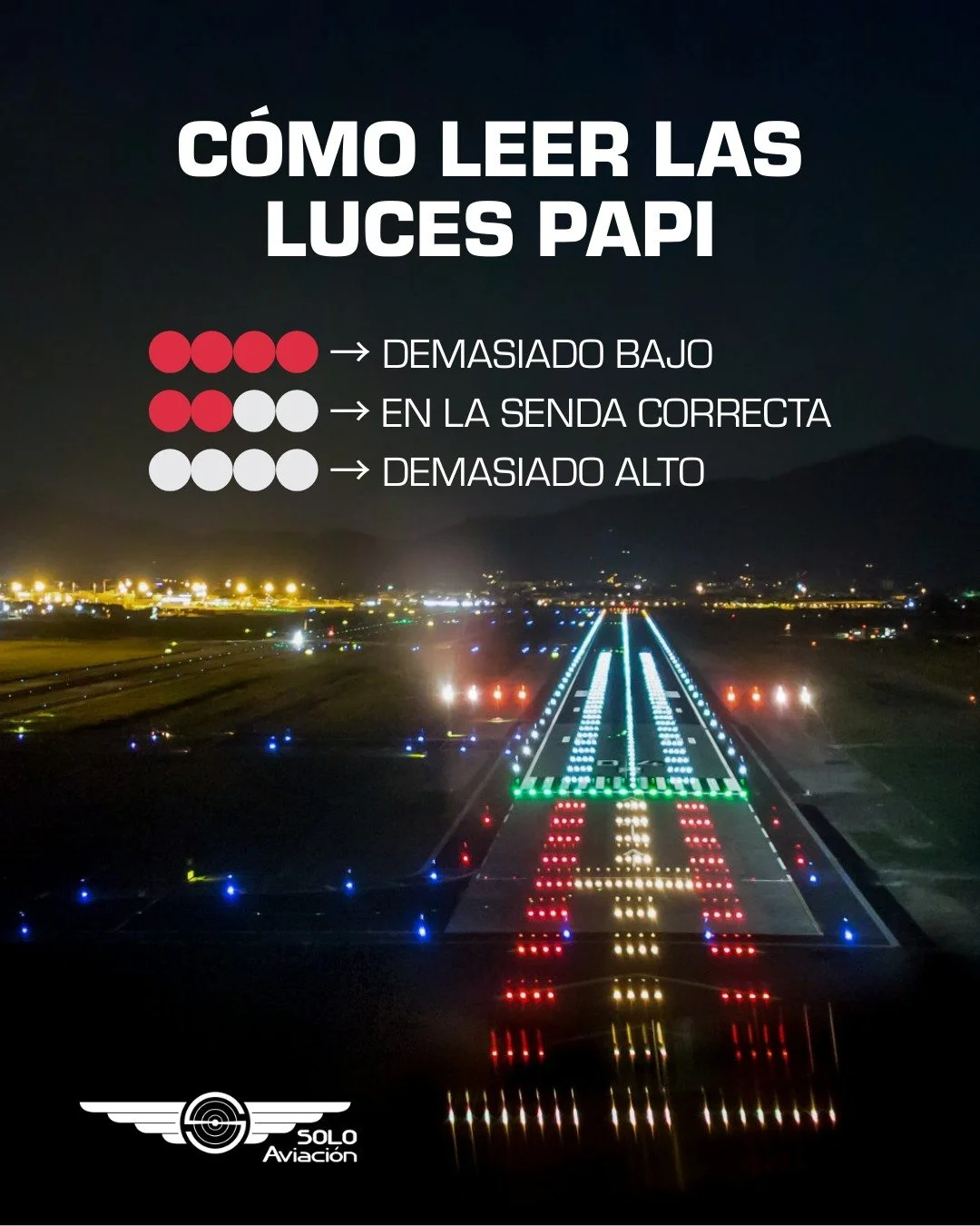 Las luces PAPI (Precision Approach Path Indicator) ayuda al piloto a mantener la pendiente correcta durante la aproximaci&oacute;n.
Entender estos sistemas es parte de una formaci&oacute;n s&oacute;lida y consciente.
En SOLO Aviaci&oacute;n te ense&n