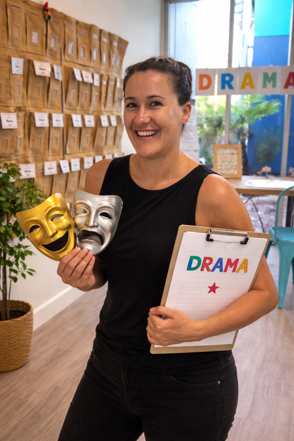Smiling woman holding two theatrical masks and a clipboard with 'DRAMA' written on it, standing in a room with a bulletin board, a potted plant, and colorful 'DRAMA' sign in the background.