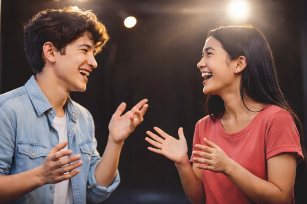 A young man and woman laughing and talking outdoors at night, illuminated by bright lights.