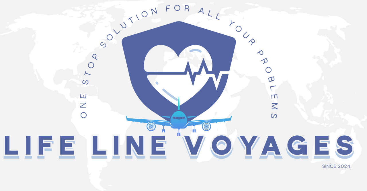 A logo for Life Line Voyages featuring a shield with a heart rate line, a cloud and sun, and an airplane, with a world map in the background and the slogan "One Stop Solution for All Your Problems" circling the shield. The text "Life Line Voyages" is prominently displayed at the bottom, with "Since 2024" written in smaller font.