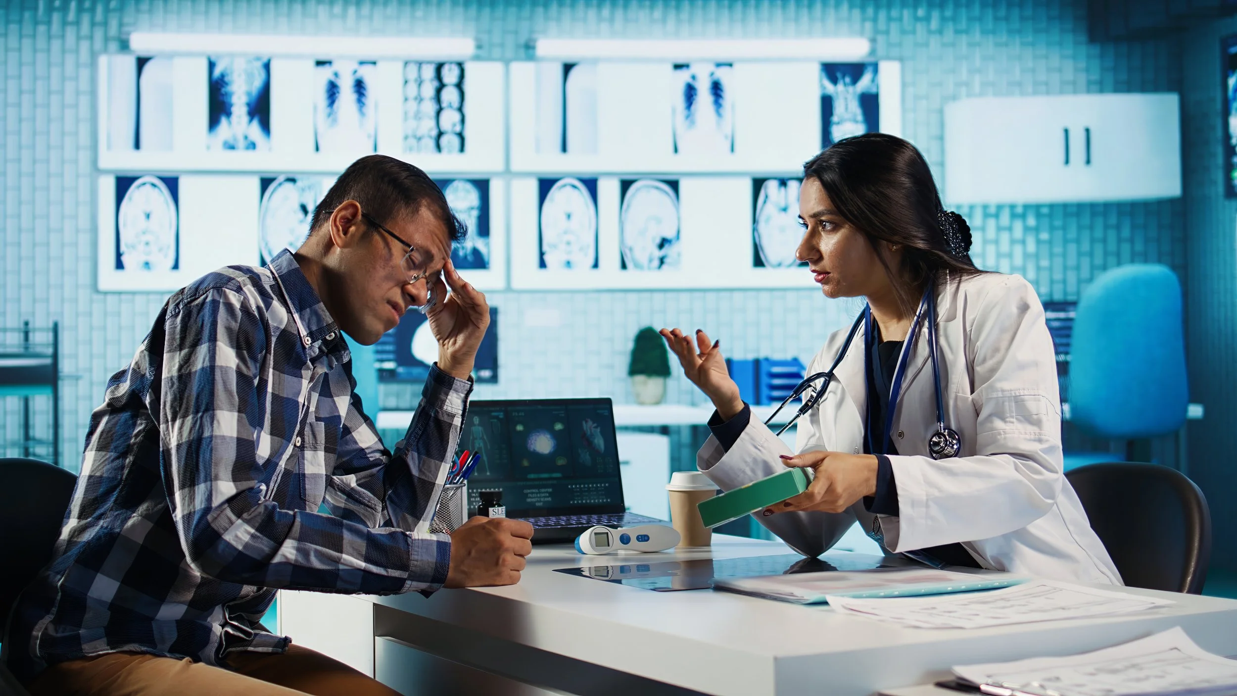 A doctor sitting at a desk with a patient, discussing medical issues. The patient appears distressed, holding his head. The doctor is explaining something while holding a green medical tray. There are medical images on screens and a laptop on the desk.
