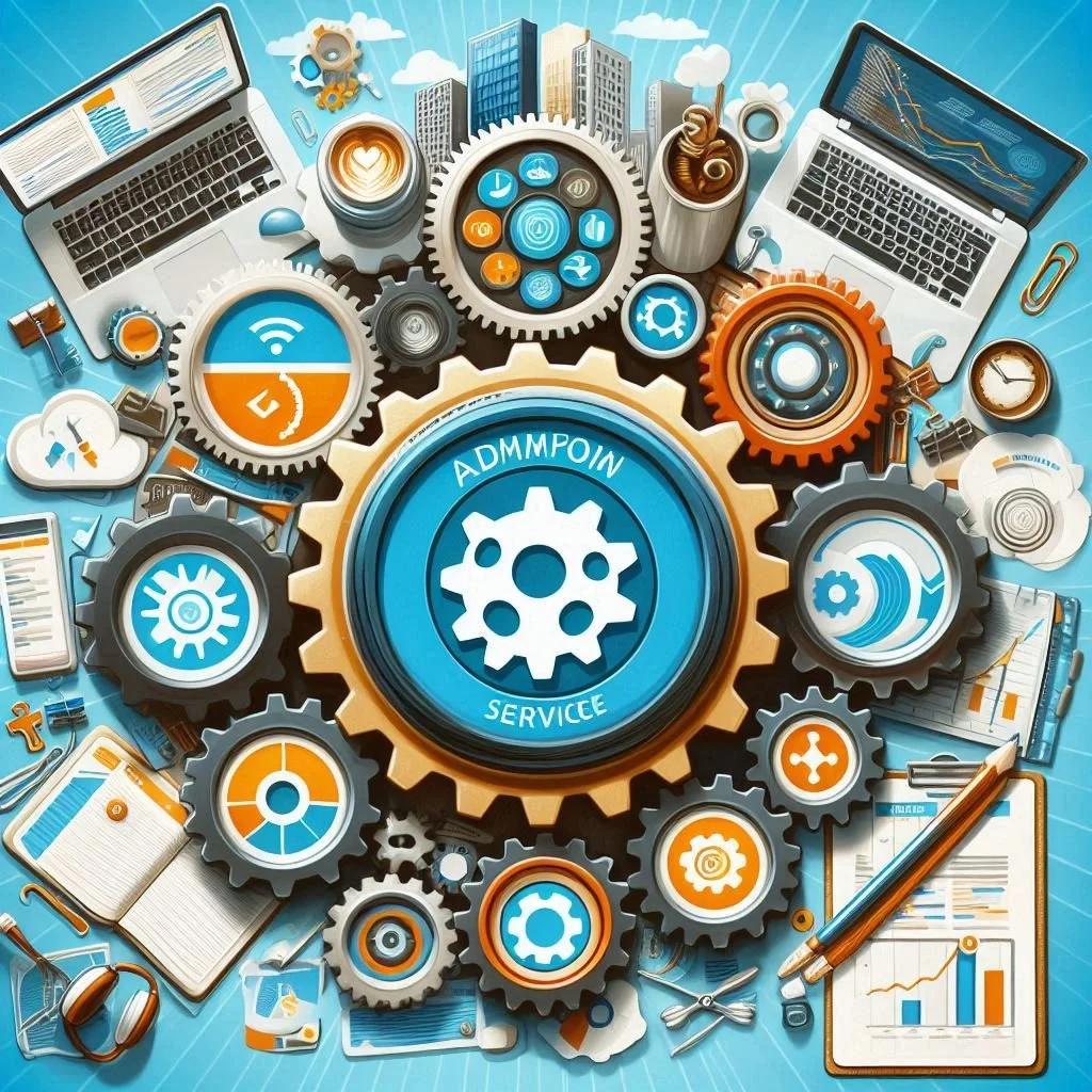 Een overzicht van verschillende technische en kantooritems rond grote interroge- en tandwiel-aspanning met het centrale woord 'ADMINPOINT SERVICE' binnen een grote tandwiel.