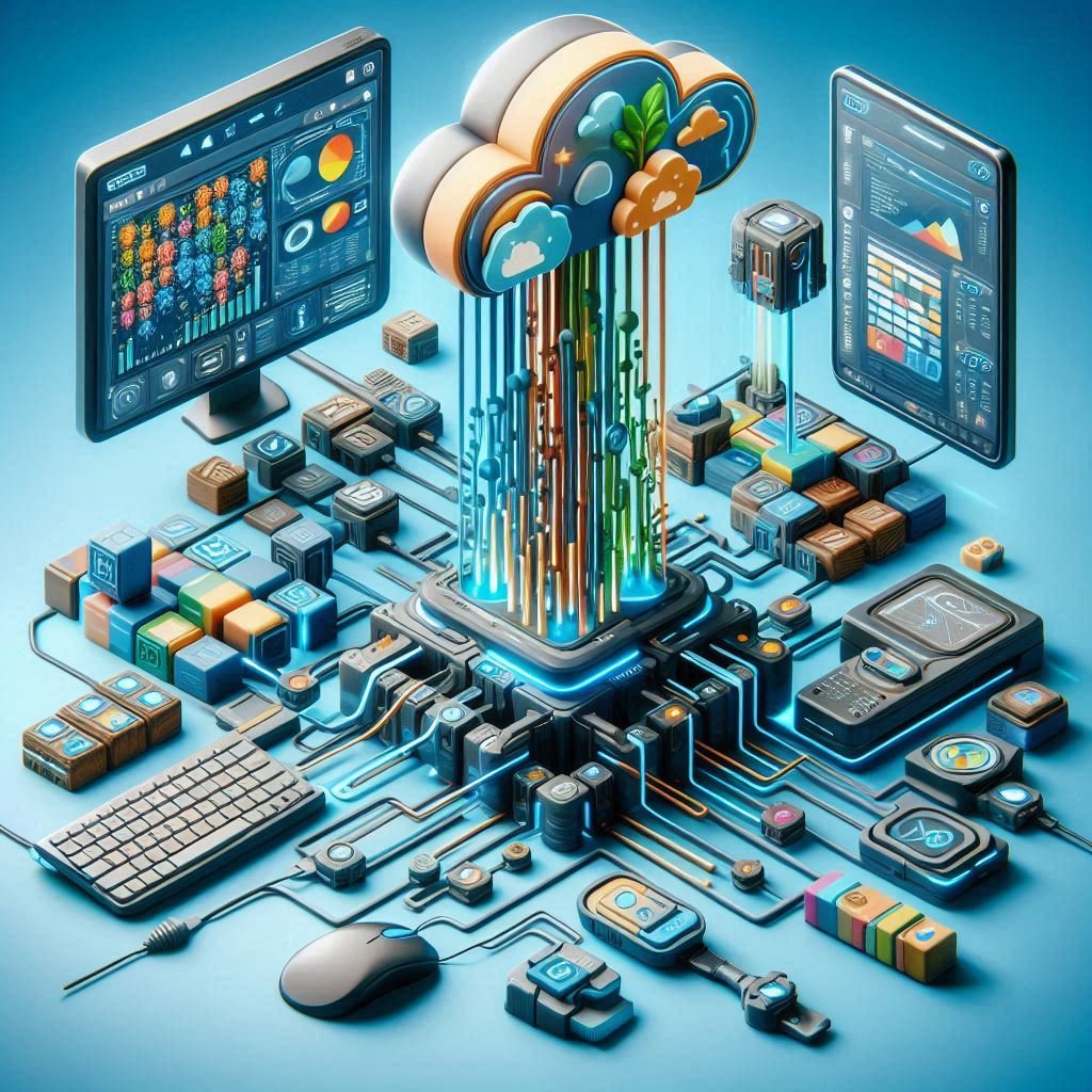 Digitale illustratie van een cloud computing-technologie met servers, computerschermen, kabels en digitale iconen die gegevens en analyses weergeven.