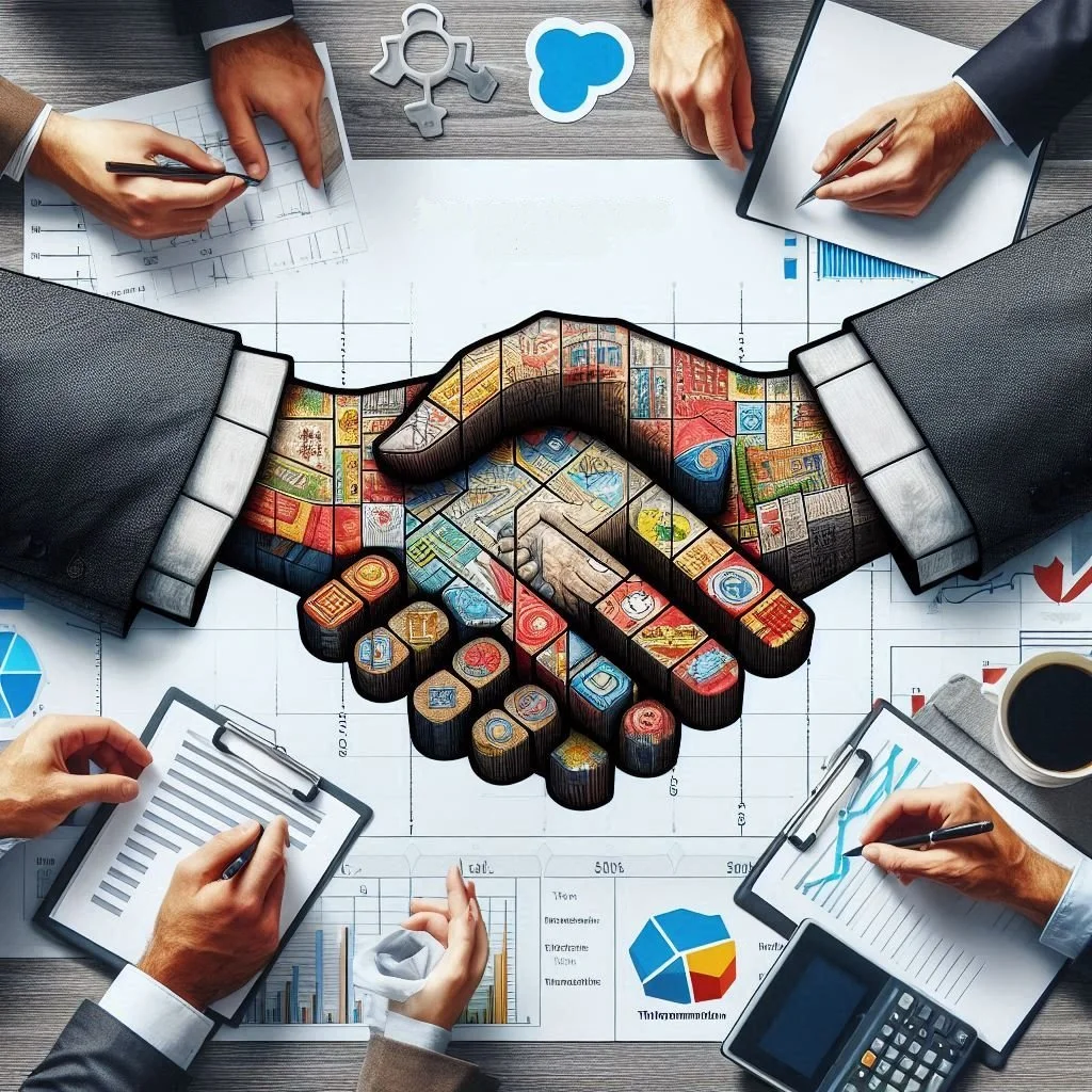 Zakelijke handdruk, opgebouwd uit verschillende iconen en symbolen, omringd door zakelijke documenten, grafieken, pennen, en kantoorartikelen, op een tafel.