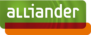 Logo met de tekst 'alliander' op een groene en oranje achtergrond.