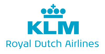 Het logo van KLM Royal Dutch Airlines, een blauwe kroon boven de woorden KLM en Royal Dutch Airlines.