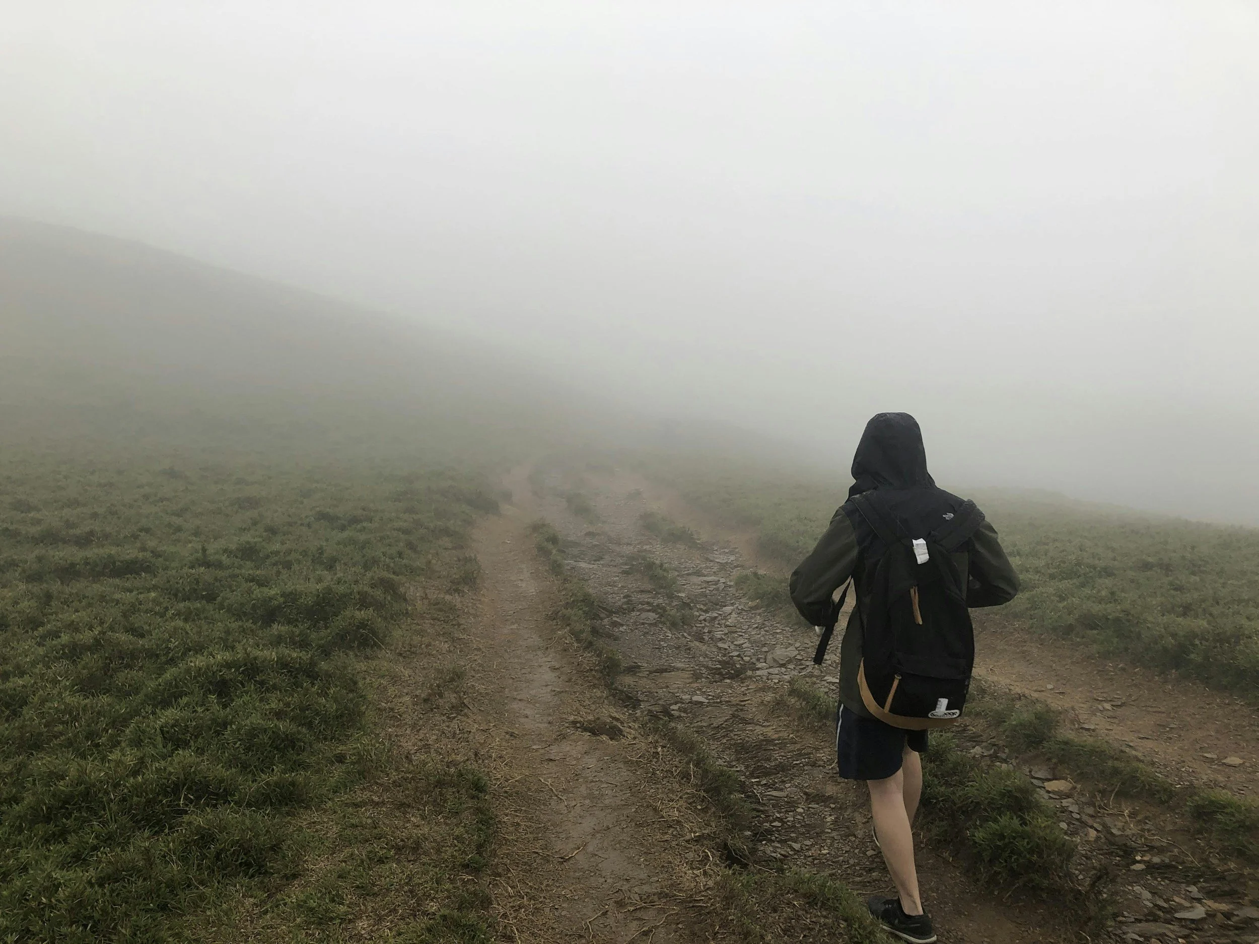 Person hiking on a foggy trail through grassy terrain with a backpack.