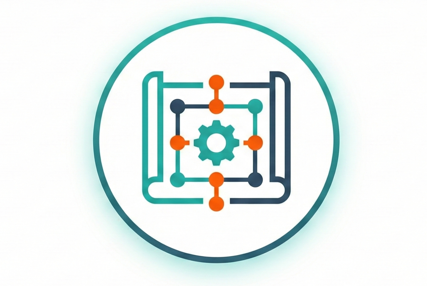 Icon of a book with interconnected nodes, a gear in the center, and a gear outline, representing learning, technology, or systems integration.
